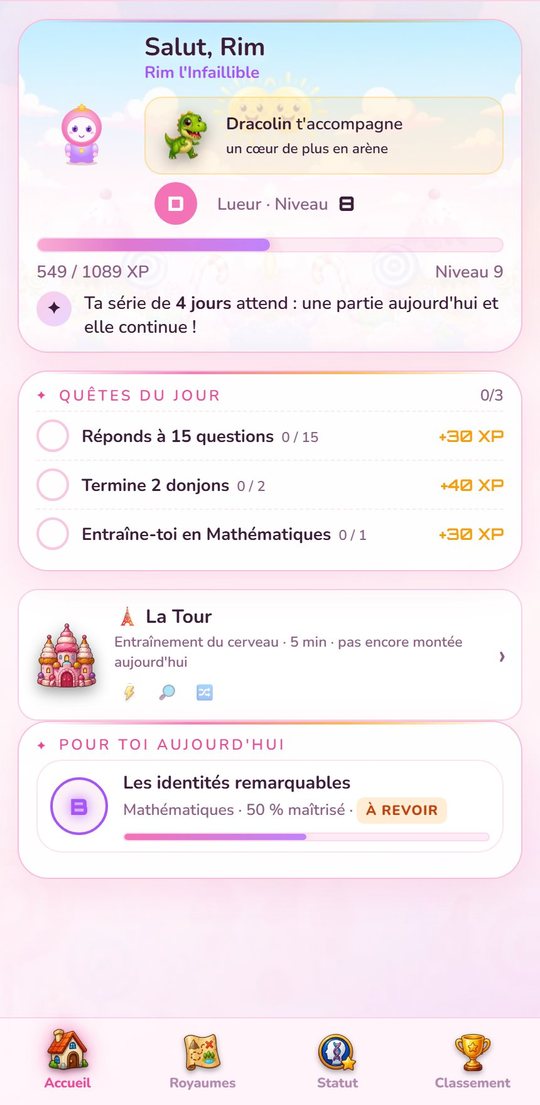 L'espace de l'enfant : ses quêtes du jour, son compagnon et sa progression.